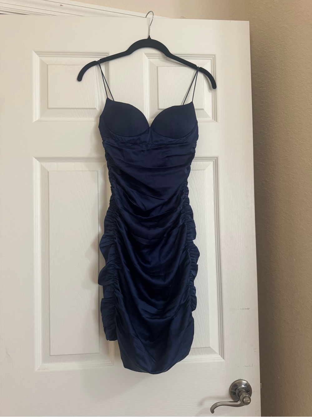 Navy Satin Ruched Spaghetti Strap Mini Dress